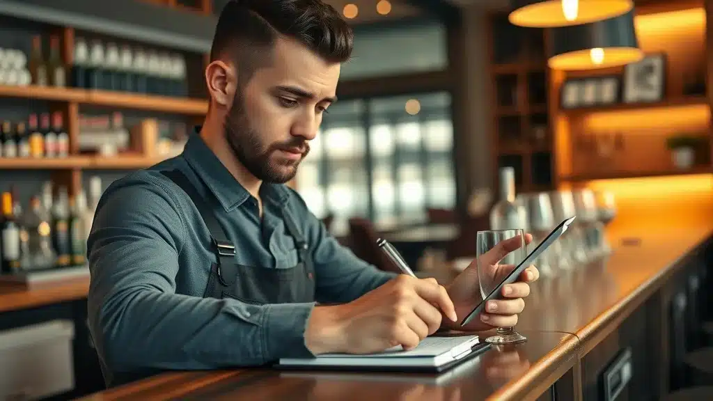 Bartender in South Carolina filling out a compliance log for dram shop liability and risk management