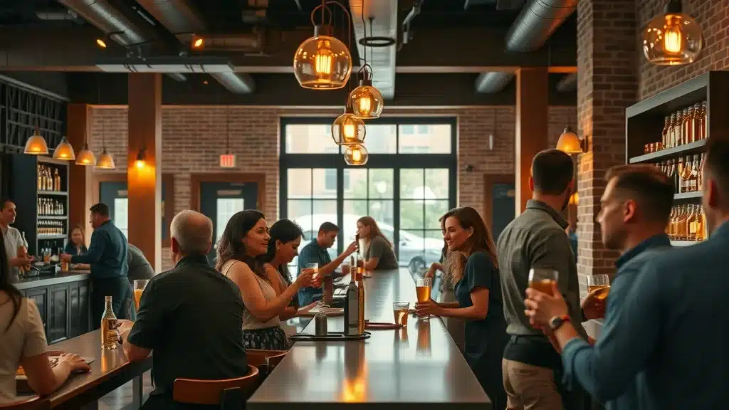 Modern South Carolina bar interior with patrons enjoying drinks, highlighting the need for liquor liability insurance coverage