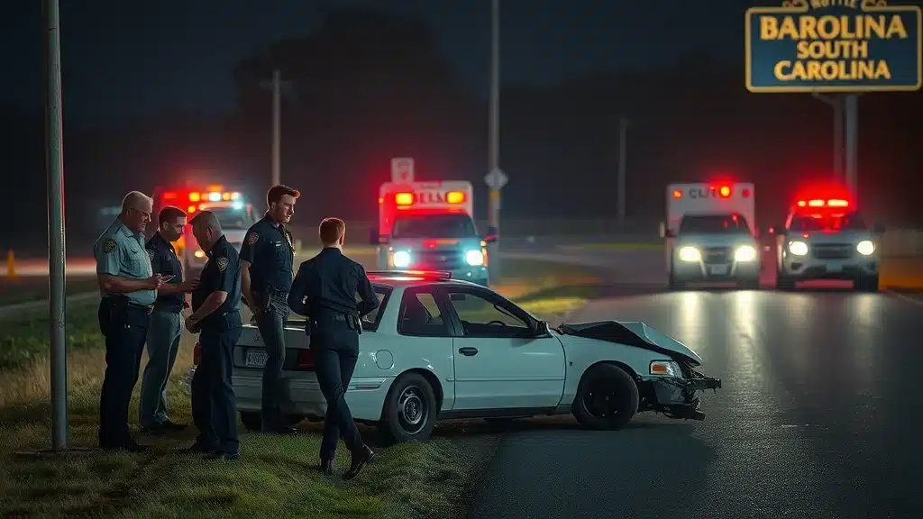Sobering drunk driving aftermath scene in South Carolina with crashed car, concerned people, and police lights near a rural bar at night