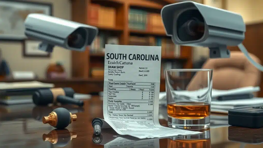 Photorealistic evidence scene for South Carolina dram shop case: receipt, CCTV camera, whiskey glass, in legal office context