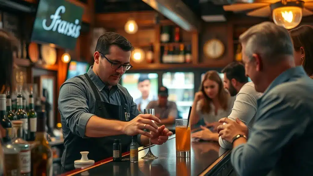 Bartender at a South Carolina bar addressing a liquor liability incident with patrons