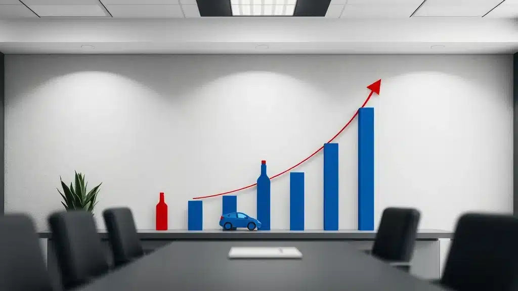 Increasing bar chart infographic illustrating alcohol-related car accidents in South Carolina, showing cars and bottles as data points for dram shop liability