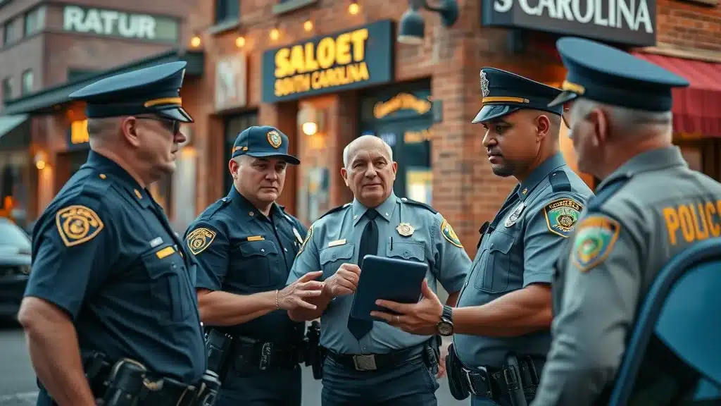 Police interviewing a South Carolina bar manager after a suspected drunk driving car accident, demonstrating dram shop law investigation