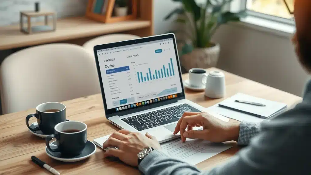 Bar owner comparing liquor liability insurance costs and policy limits on a laptop at a modern finance desk