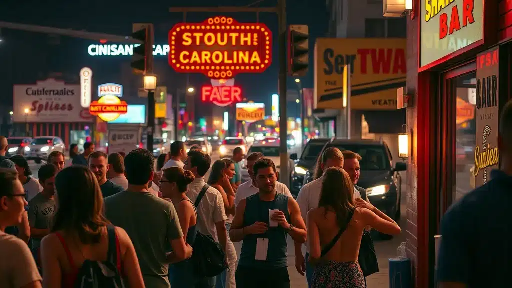 Busy nightlife scene outside a South Carolina bar, illustrating liquor liability exposure and risk factors