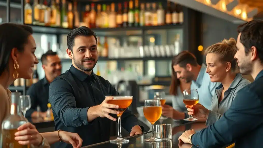 Bar scene representing dram shop liability in South Carolina; bartender serves drinks to diverse adult customers with focus on legal compliance