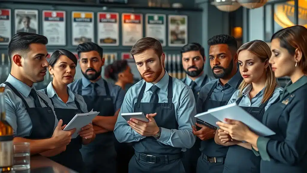 Bar staff undergoing dram shop law compliance training in South Carolina, with compliance checklists and notepads