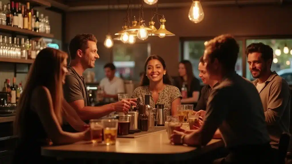 Modern South Carolina bar scene with friendly staff serving customers, demonstrating liquor liability awareness