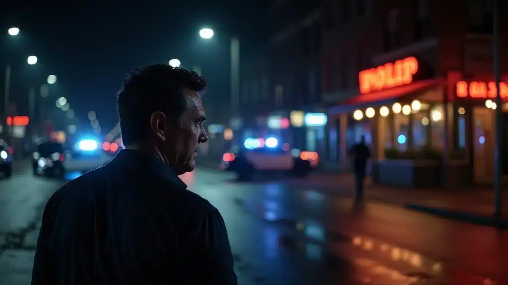 South Carolina street at night with police presence near a bar and business owner observing, illustrating liquor liability risks