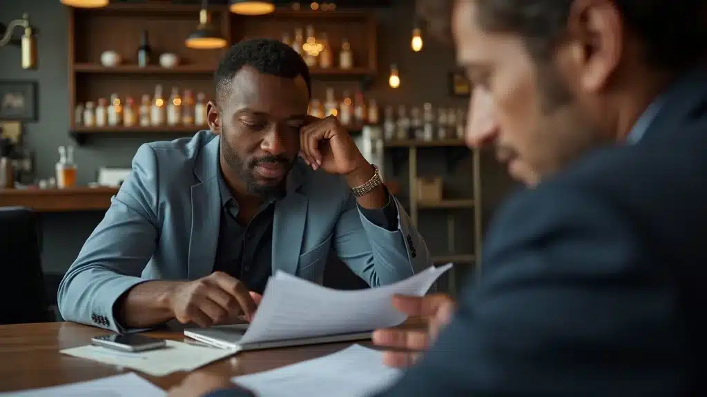 South Carolina bar owner reviewing liquor liability insurance paperwork with legal advisor to ensure alcohol law compliance and reduce business legal liability.