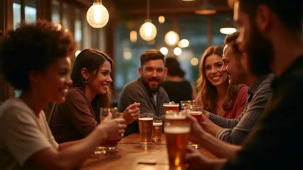 Inviting modern bar interior in South Carolina showing adults socializing and sipping drinks, reflecting contemporary southern style with historic cues, highlighting South Carolina alcohol law compliance.