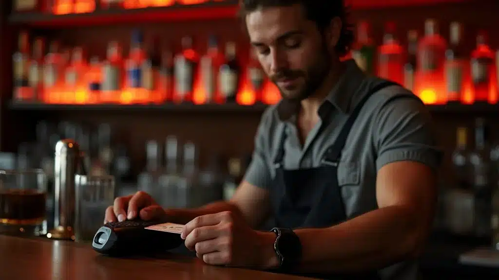 Bartender in South Carolina verifying customer’s ID to prevent fake ID use and enforce drinking age alcohol law.