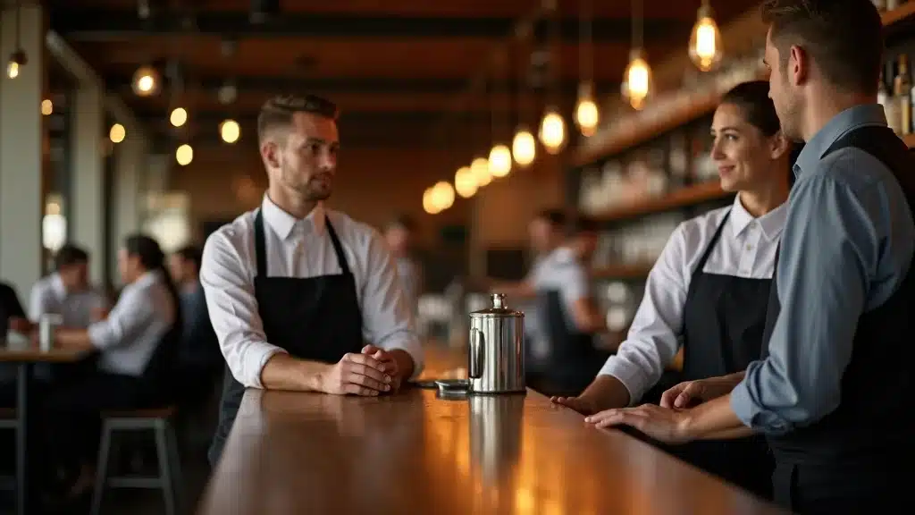 Modern upscale South Carolina bar interior with responsible staff and patrons, highlighting liquor liability risk awareness