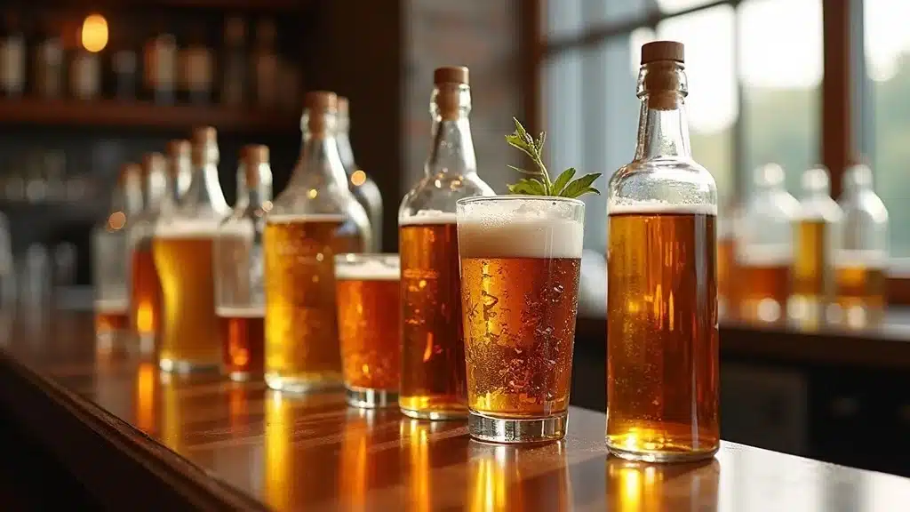 Beer, wine, and liquor bottles on a South Carolina bar counter displaying glassware and compliance with South Carolina alcohol laws.