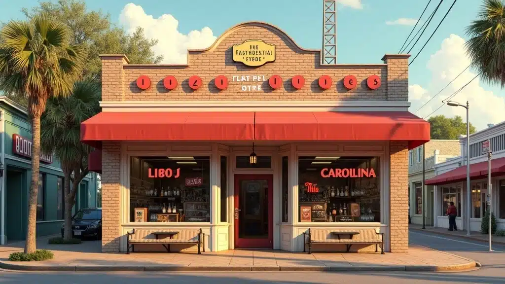 Classic South Carolina liquor store with three red dots above doorway, symbolizing historic alcohol law customs and regulations.
