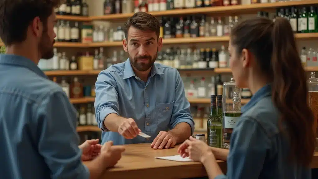 Liquor store clerk in South Carolina checking young adult’s ID for alcohol sales, highlighting responsible compliance with South Carolina alcohol law.