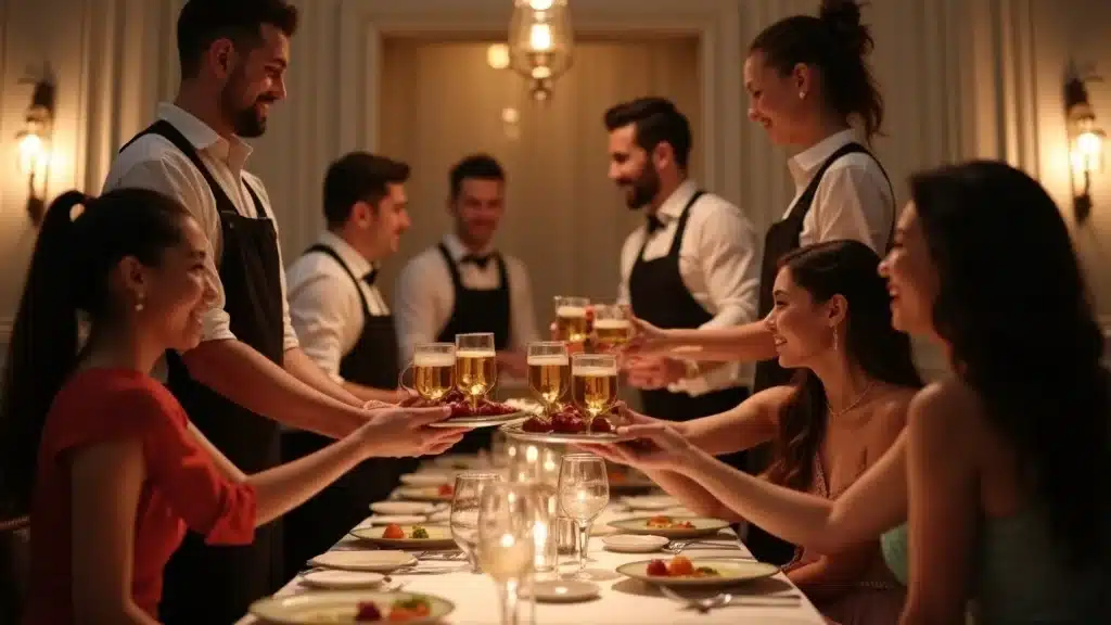 South Carolina restaurant staff serving drinks responsibly with guests and visible table settings, demonstrating liquor liability compliance