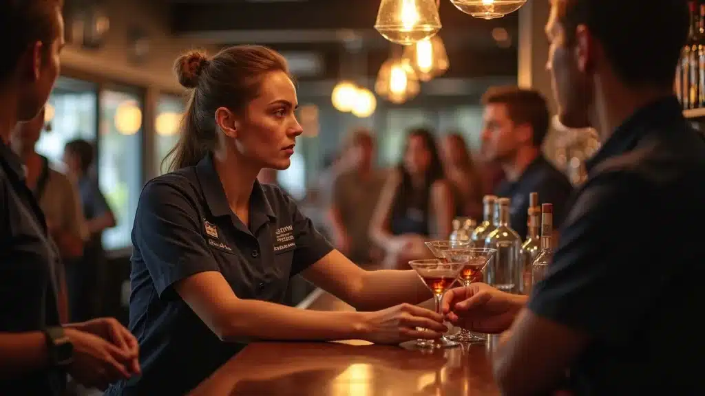 Alcohol service staff in South Carolina checking IDs while serving drinks - liquor liability focus, bar atmosphere, attentive staff and mingling guests