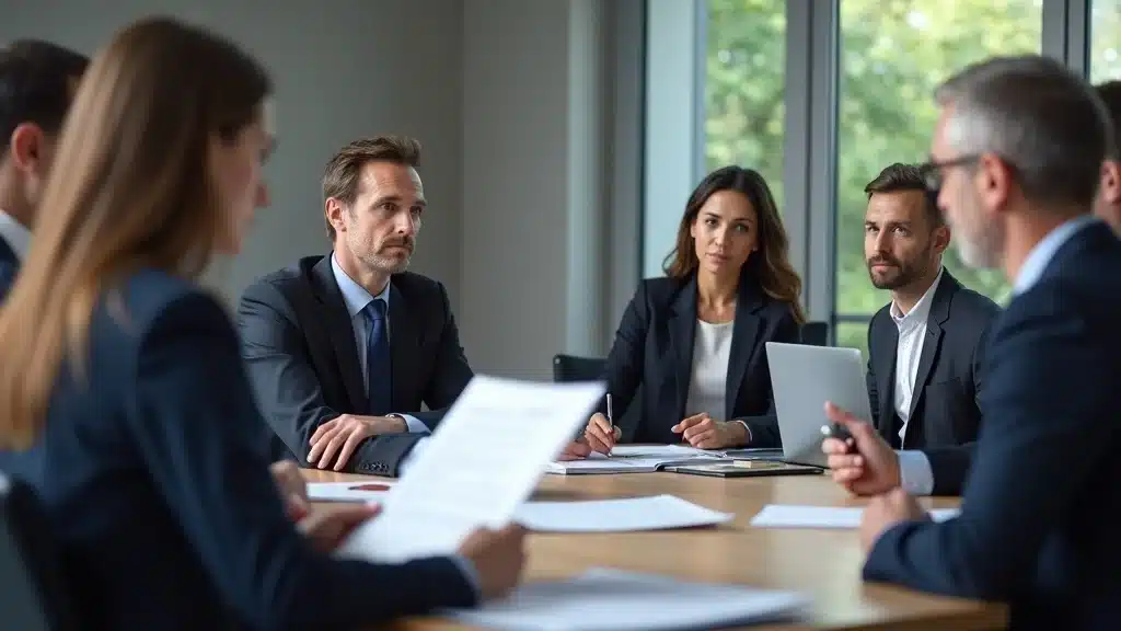 Business owners and staff reviewing alcohol service liability policies in South Carolina - professional setting, compliance documents, focus on responsible alcohol service