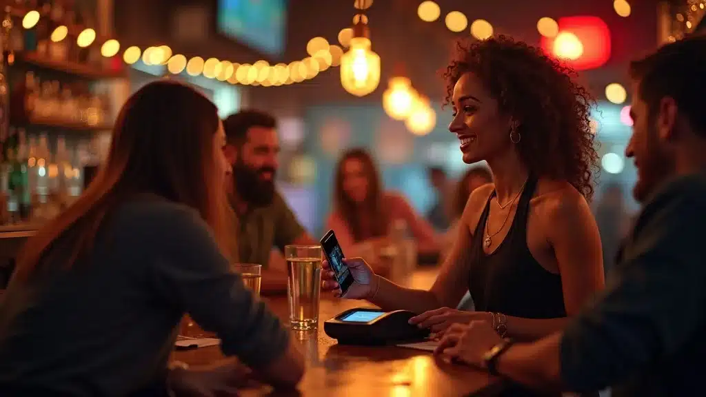 Bartender in South Carolina using ID scanner for responsible alcohol service, vibrant bar atmosphere