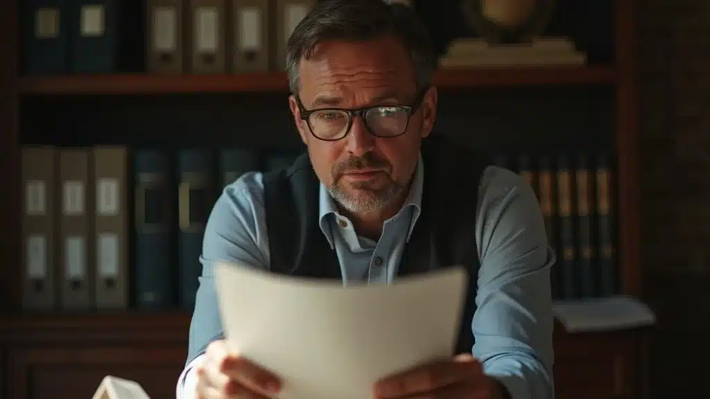 South Carolina bar manager thoughtfully reviewing liquor liability insurance documents for compliance and protection