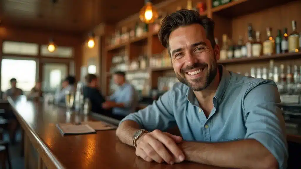 Confident South Carolina bar owner displaying new liquor liability insurance certificate, celebrating business protection