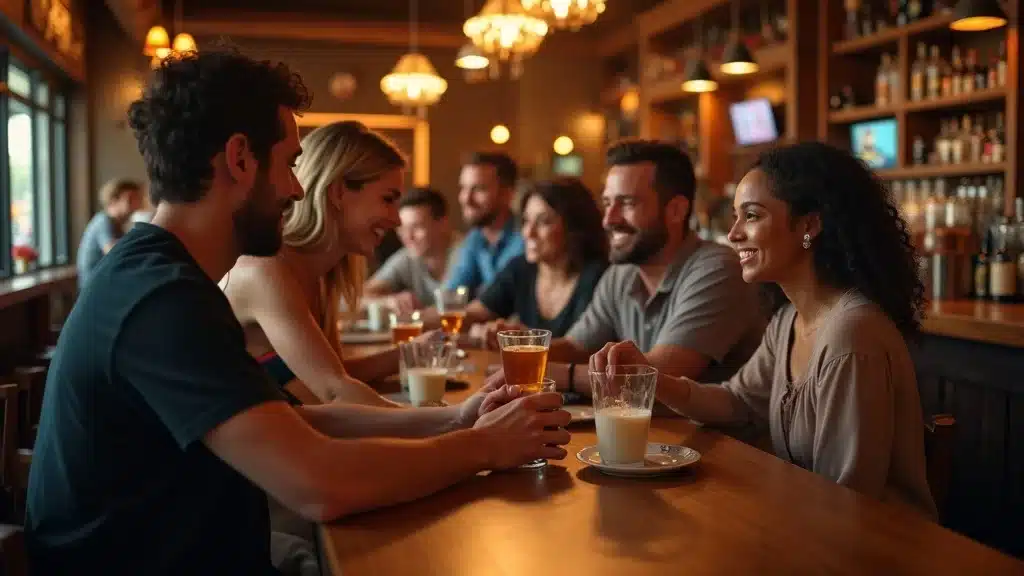 Inviting bar interior in South Carolina with bartender serving drinks and patrons socializing responsibly, showing liquor liability insurance requirements