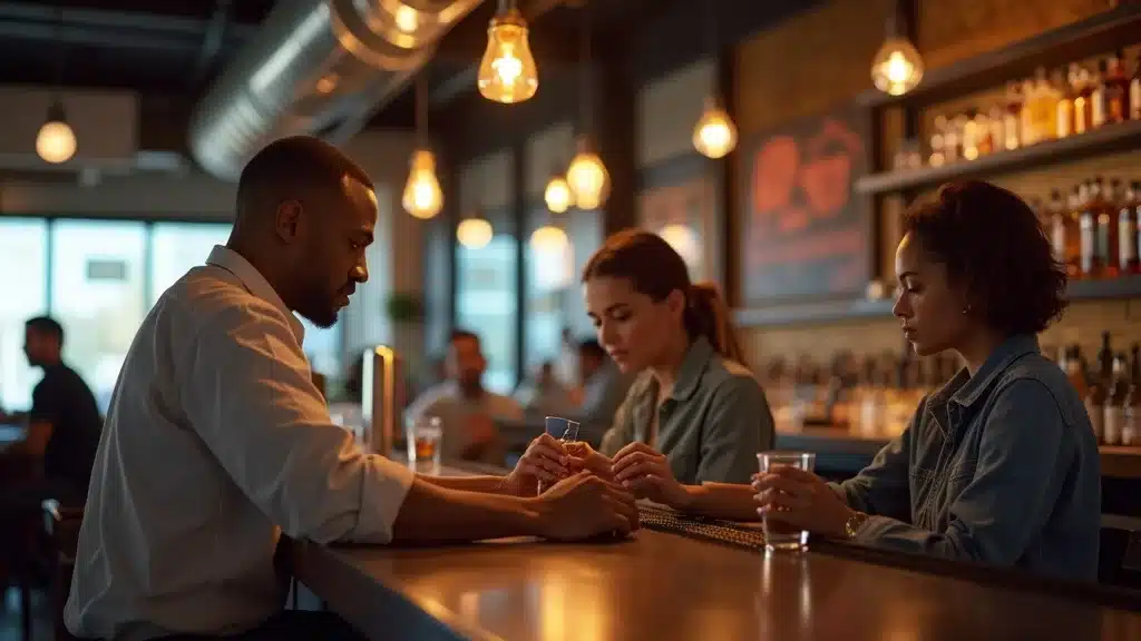 Modern South Carolina bar interior with bartender checking IDs, illustrating liquor liability scene.