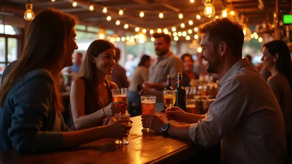 Bustling hospitality scene in a South Carolina bar with patrons enjoying drinks, bartenders serving, and lively Southern atmosphere. what to know about liquor license regulations sc