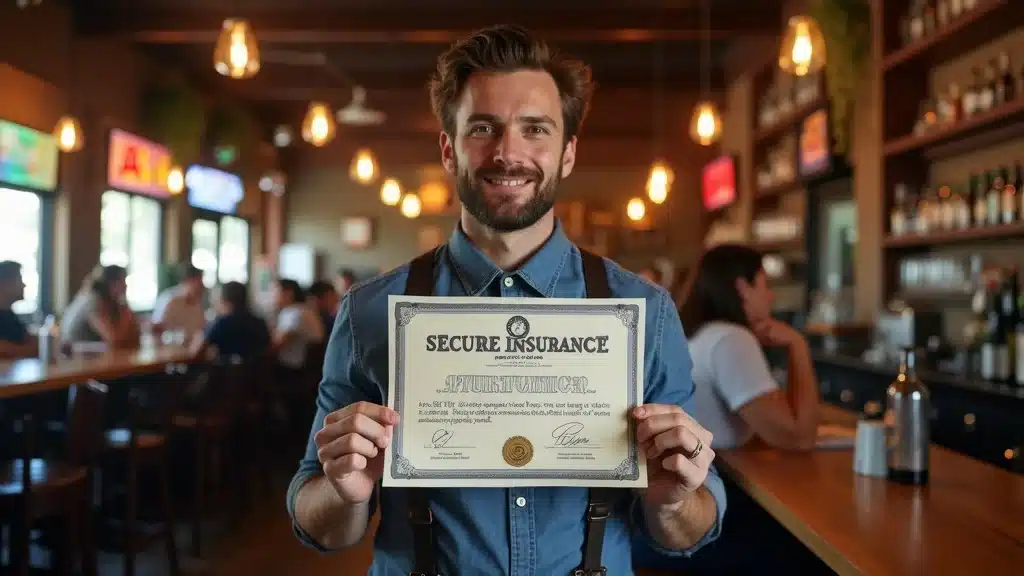 South Carolina bar owner displaying liquor liability insurance certificate in a secure, vibrant establishment. what to know about liquor license regulations sc