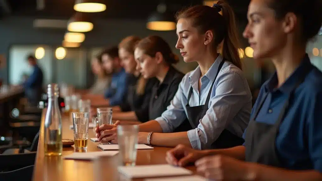 Alcohol server training session in South Carolina featuring bartenders learning digital ID scanning and responsible service. what to know about liquor license regulations sc